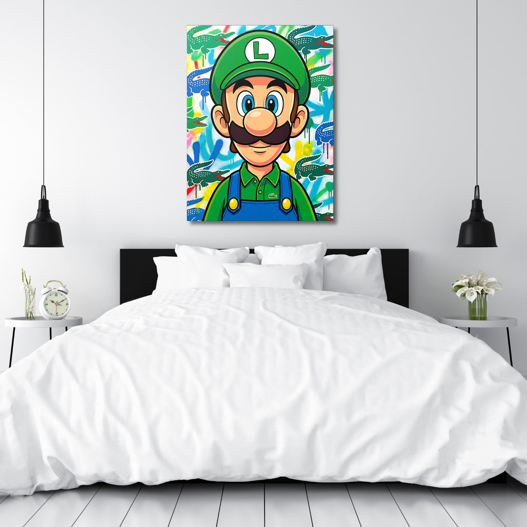 Pop art obraz na plátně s portrétem zelené postavy a graffiti krokodýly jako moderní dekorace do ložnice
