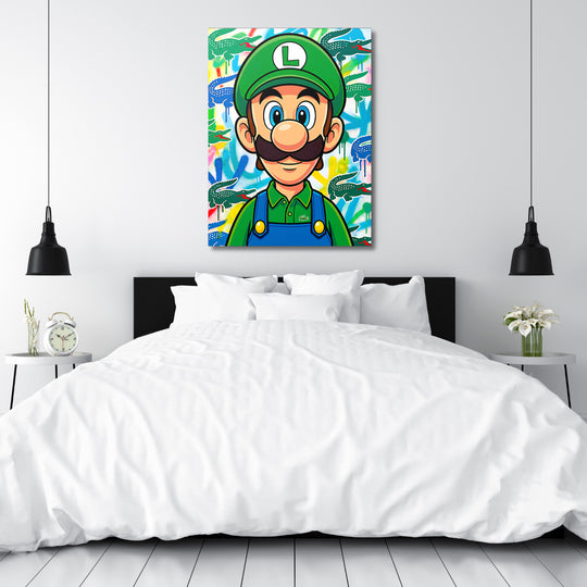 Pop art obraz na plátně s portrétem zelené postavy a graffiti krokodýly jako moderní dekorace do ložnice