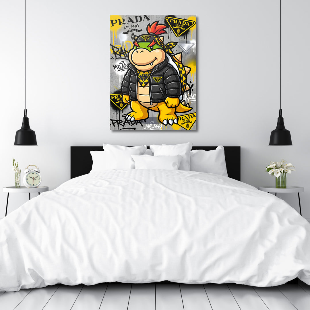 Moderní obraz na plátně s graffiti Bowserem a logy Prada nad postelí v minimalistické ložnici