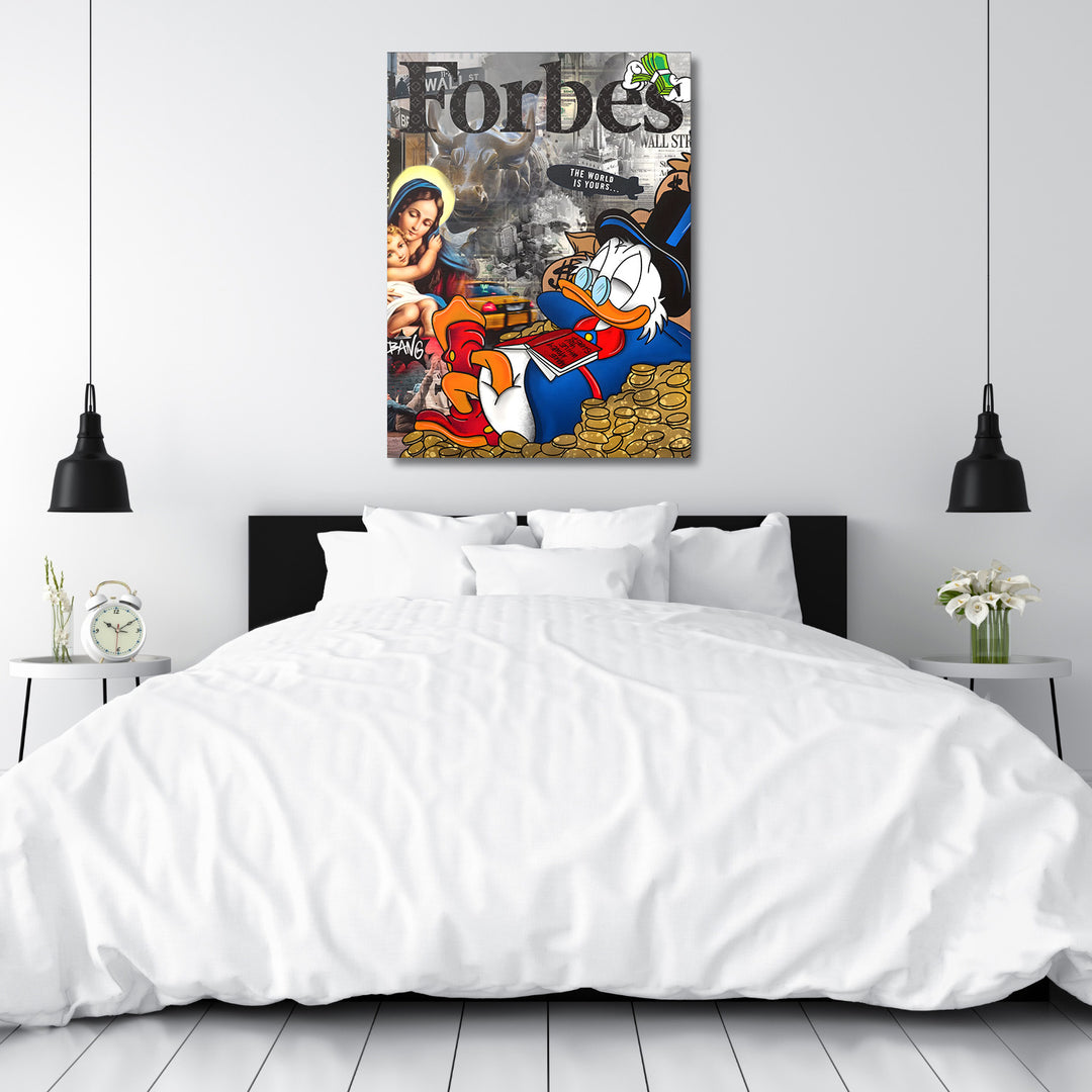 Pop art obraz na zeď do ložnice s kačerem na hromadě mincí a motivem býka z Wall Street