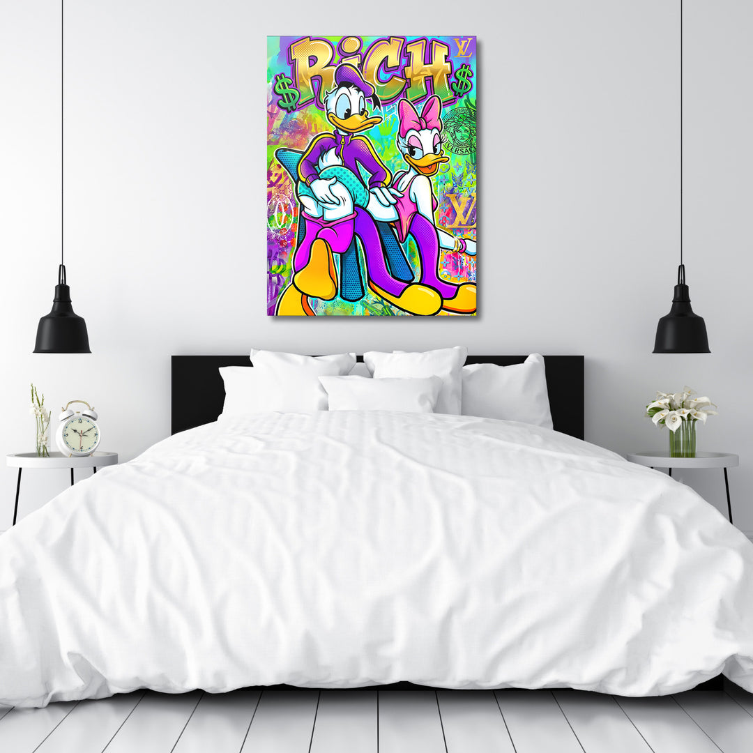 Motivační pop art obraz na plátně do ložnice s Kačerem Donaldem, Daisy, graffiti motivy peněz a luxusních log