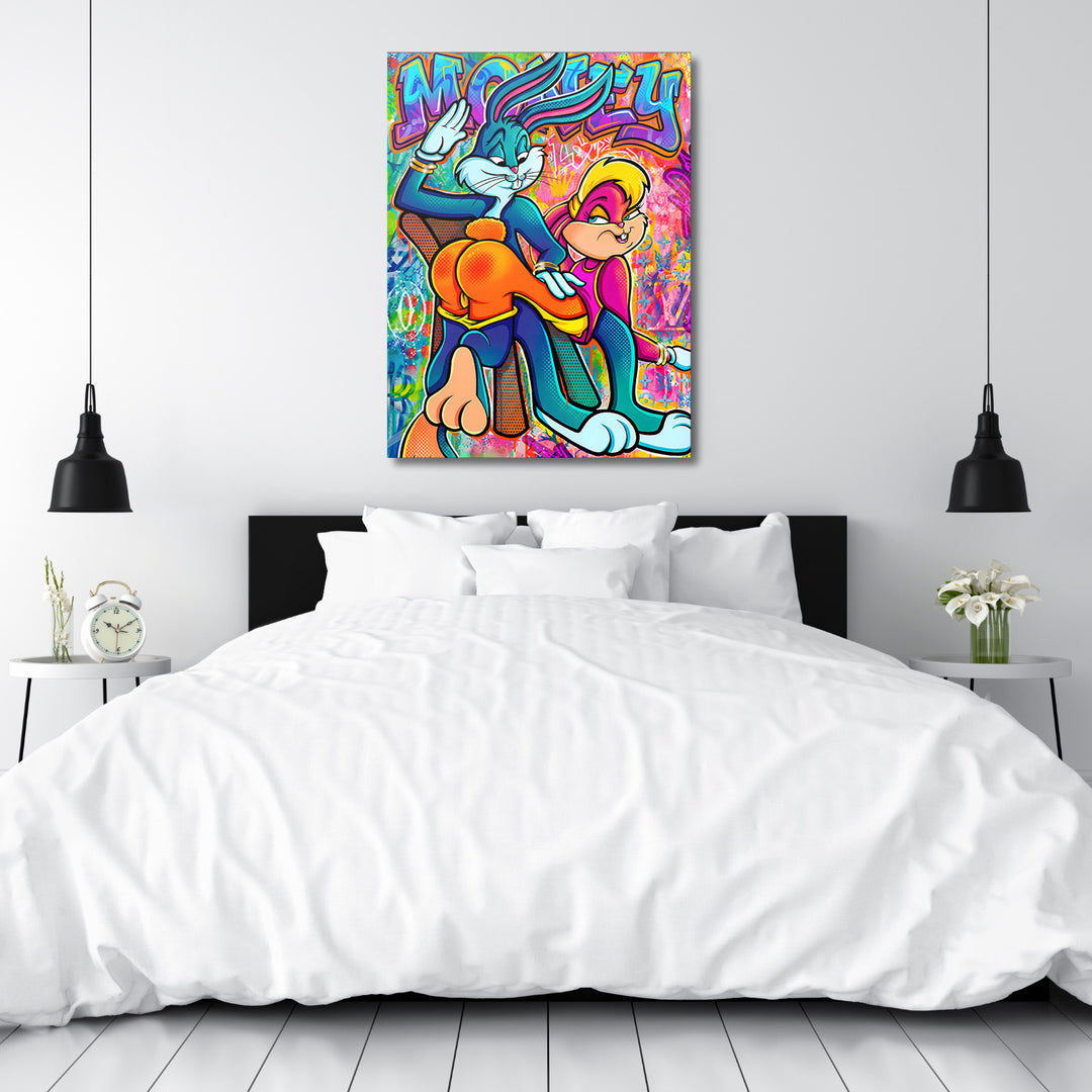 Motivační pop art obraz na plátně do ložnice se stylizovanými králíky, barevný lifestyle motiv