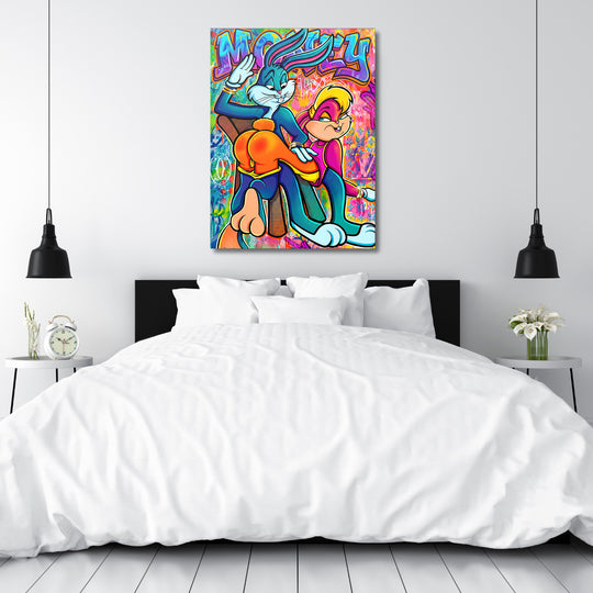 Motivační pop art obraz na plátně do ložnice se stylizovanými králíky, barevný lifestyle motiv