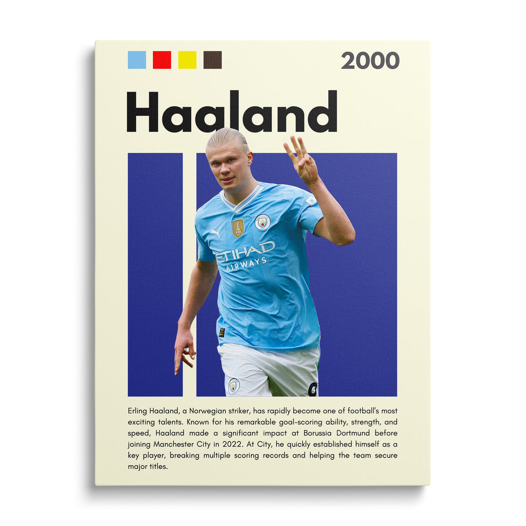 Motivační obraz na plátně s fotbalistou v modrém dresu Manchester City v dynamickém sportovním záběru