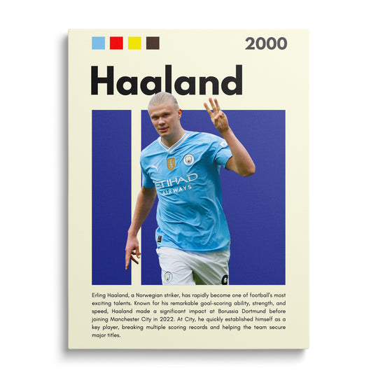 Motivační obraz na plátně s fotbalistou v modrém dresu Manchester City v dynamickém sportovním záběru