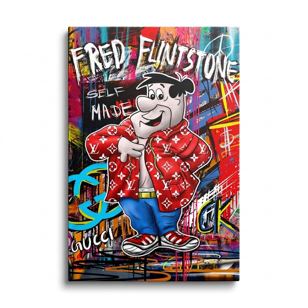 Pop art obraz na zeď s Fredem Flinstonem v monogram Gucci bundě, street art pozadí, přední pohled