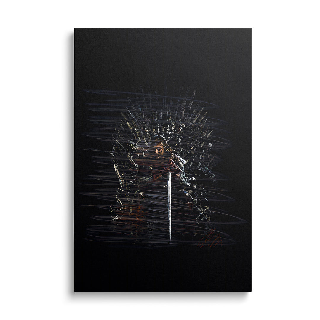 Obraz na plátně s epickým mečem před ostnatým železným trůnem v temném fantasy stylu