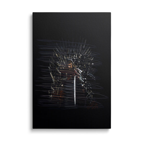 Obraz na plátně s epickým mečem před ostnatým železným trůnem v temném fantasy stylu