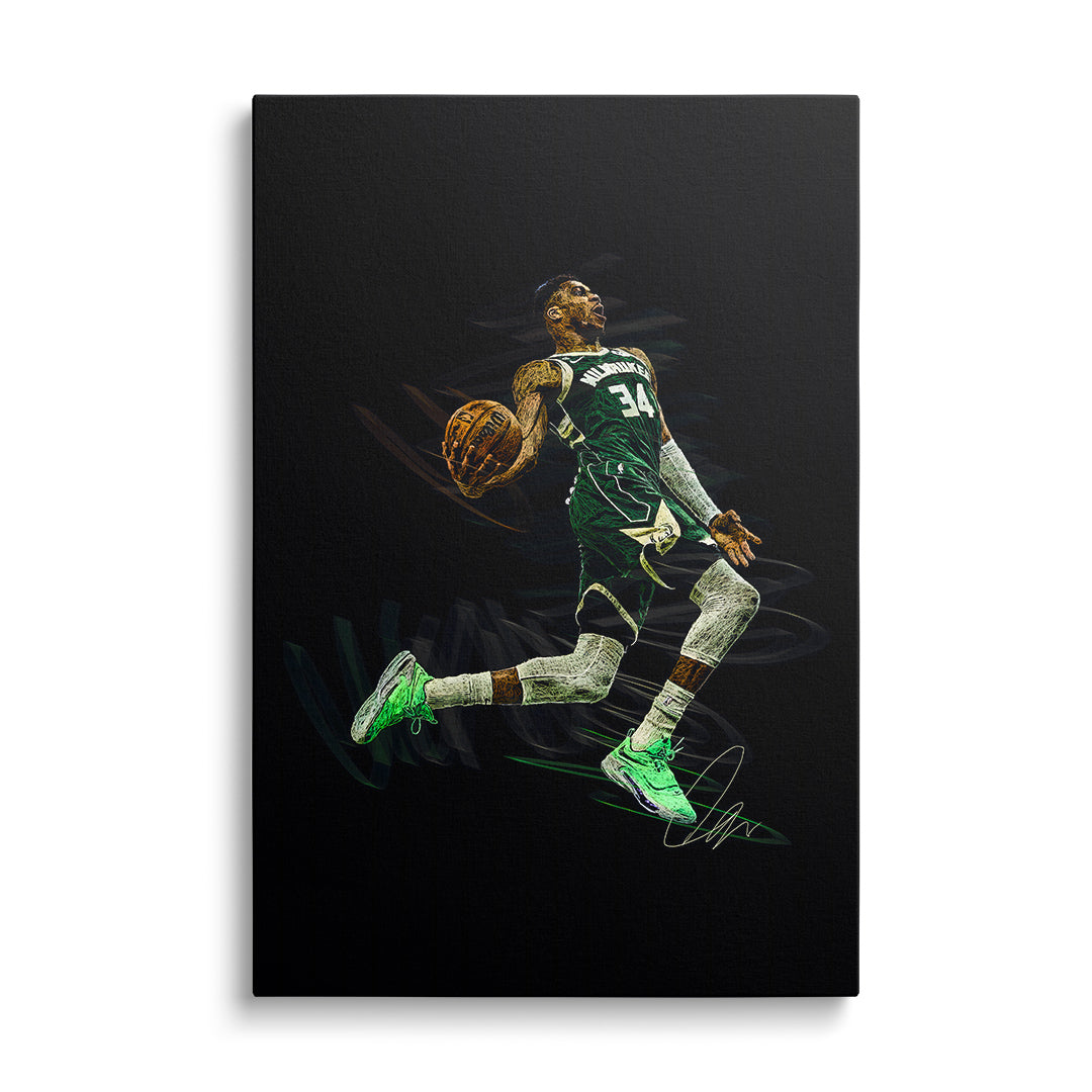 Motivační obraz na zeď s basketbalistou ve vzduchu při dunku, zelený dres číslo 34, čelní pohled