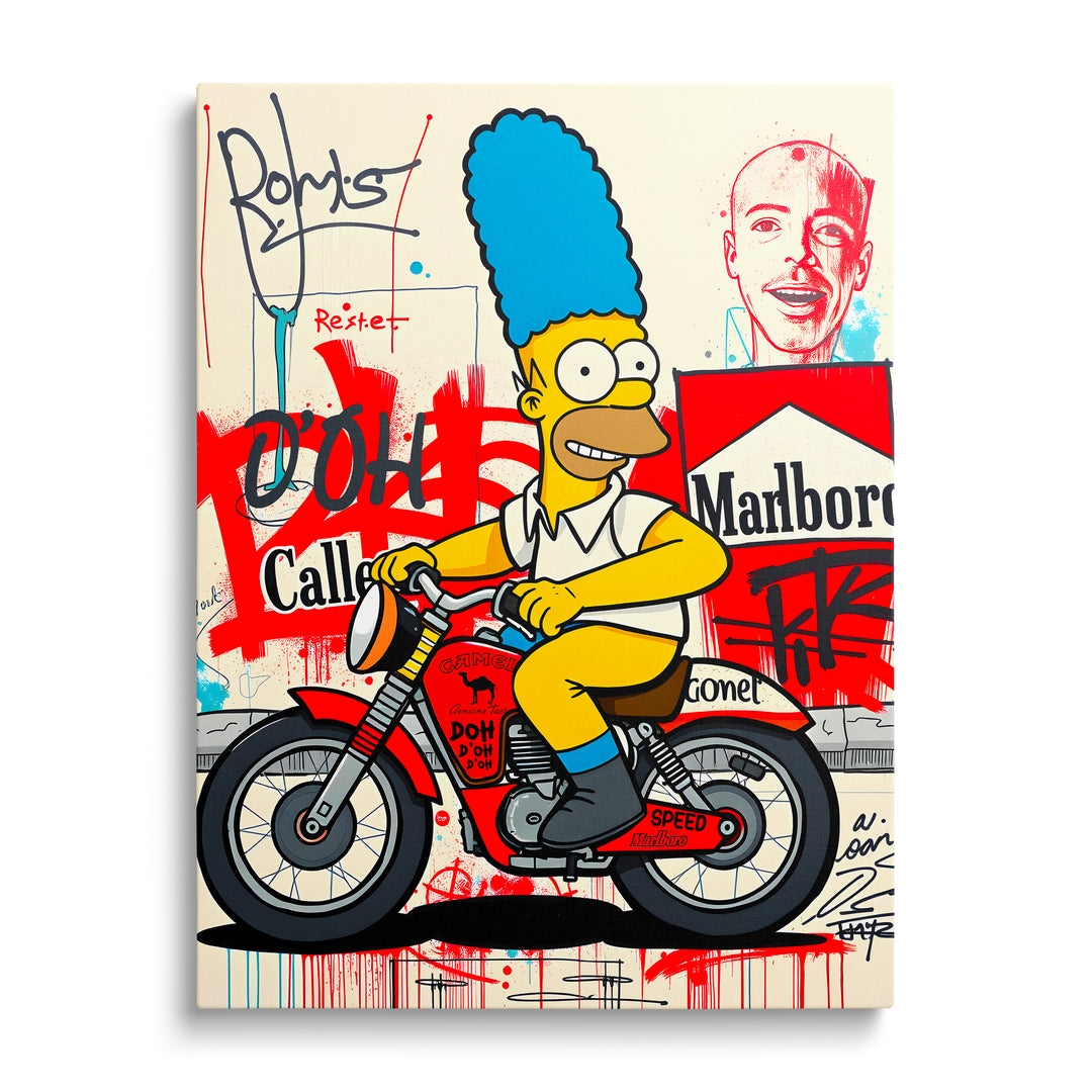Pop art obraz Homér Simpson na červené motorce před graffiti zdí, moderní obraz na zeď