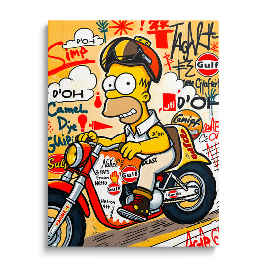 Pop art obraz na plátně s Homérem Simpsonem na motorce v graffiti street art stylu a komiksovým backgroundem