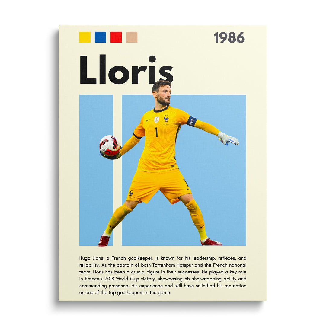 Motivační obraz na plátně: fotbalový brankář ve žlutém dresu s modrými pruhy, moderní sportovní motiv