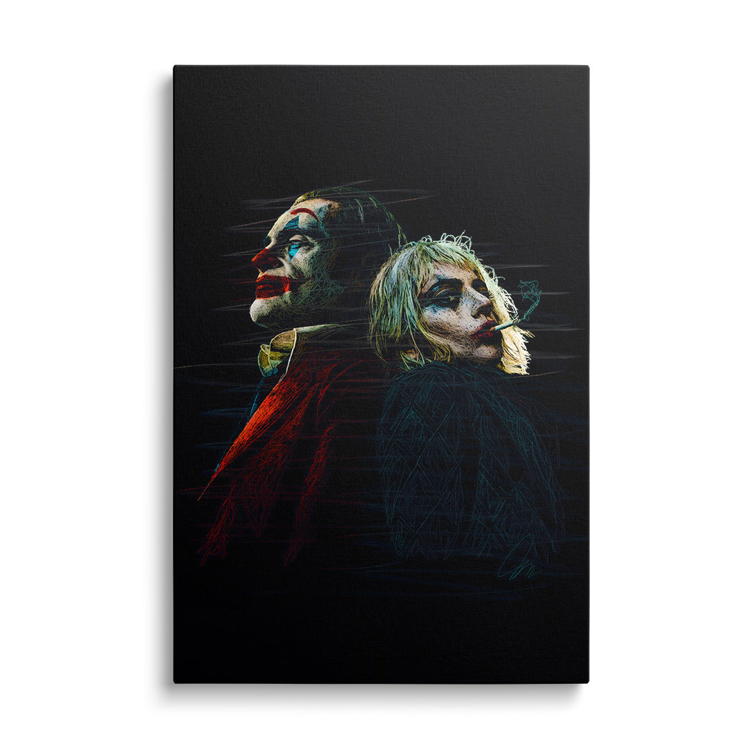 Pop art obraz na zeď se stylizovanými portréty muže a ženy v klaunském make-upu, temný street art, frontální pohled