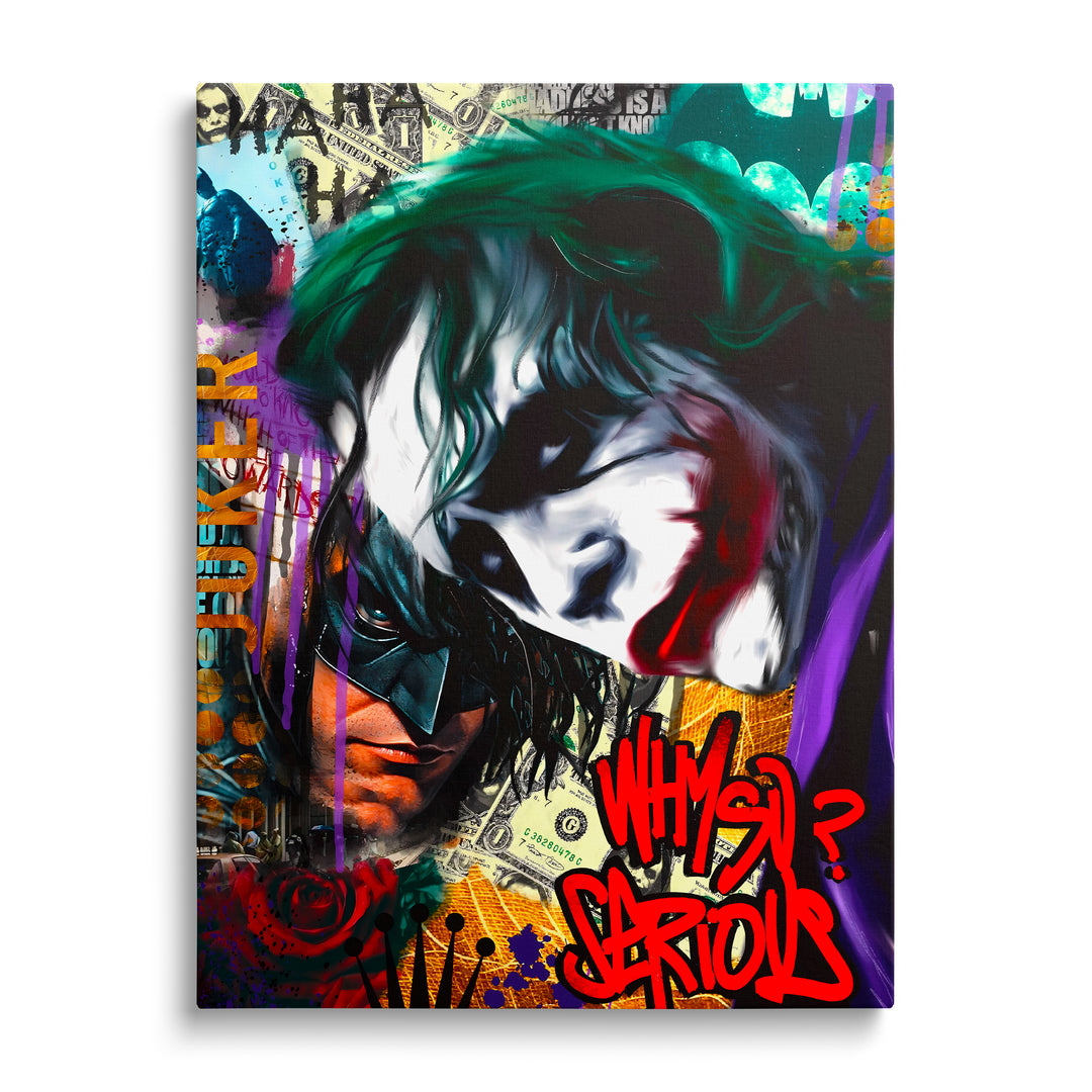 Pop art obraz na plátně Joker a Batman zepředu s graffiti nápisem Why So Serious a motivem dolarových bankovek