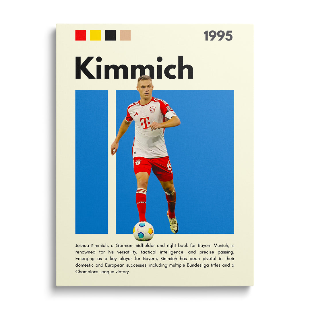 Motivační obraz na plátně – fotbalista v červeno-bílém dresu driblující míč na modrém pozadí