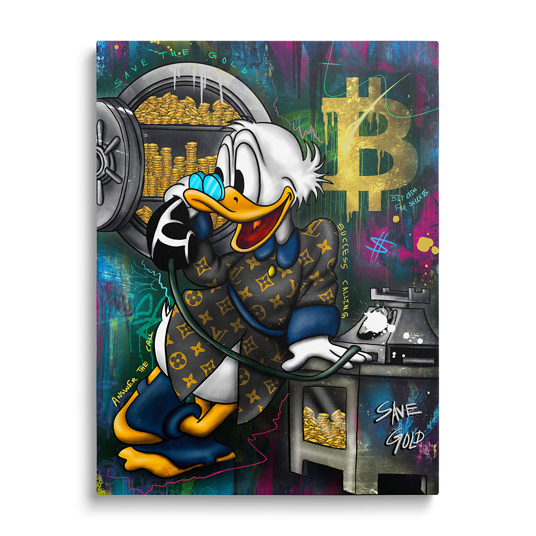 Obraz Skrblík – zepředu na zeď, s motivem BTC, zlata, tradingu a krypta.