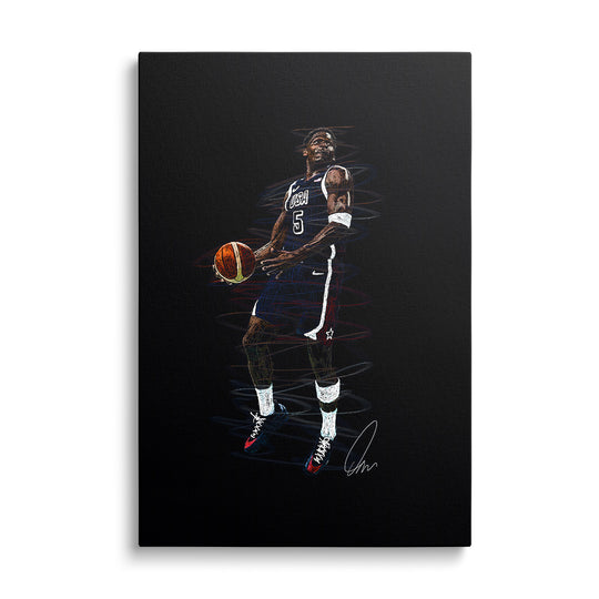 Motivační obraz na plátně basketbalisty v dresu USA v dynamickém výskoku s výraznými Nike teniskami