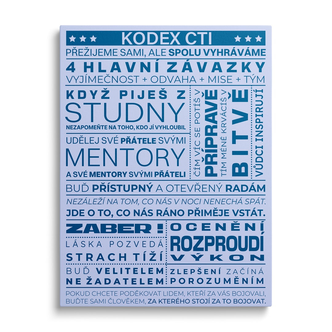 Motivační obraz na plátně Kodex cti, modrobílý citát.