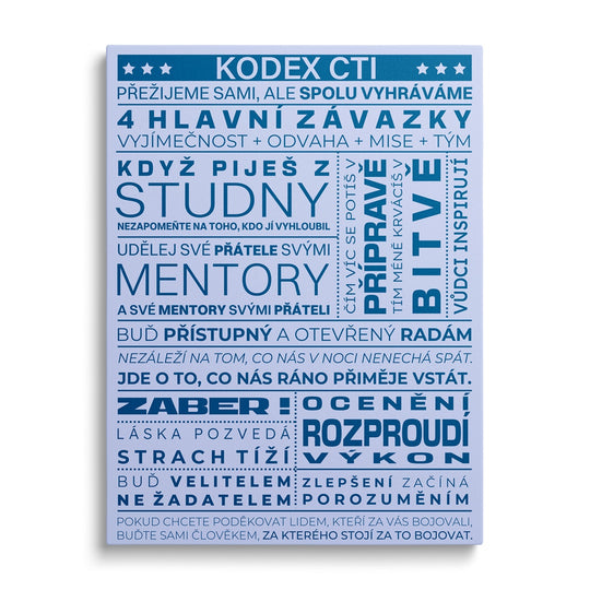 Motivační obraz na plátně Kodex cti, modrobílý citát.