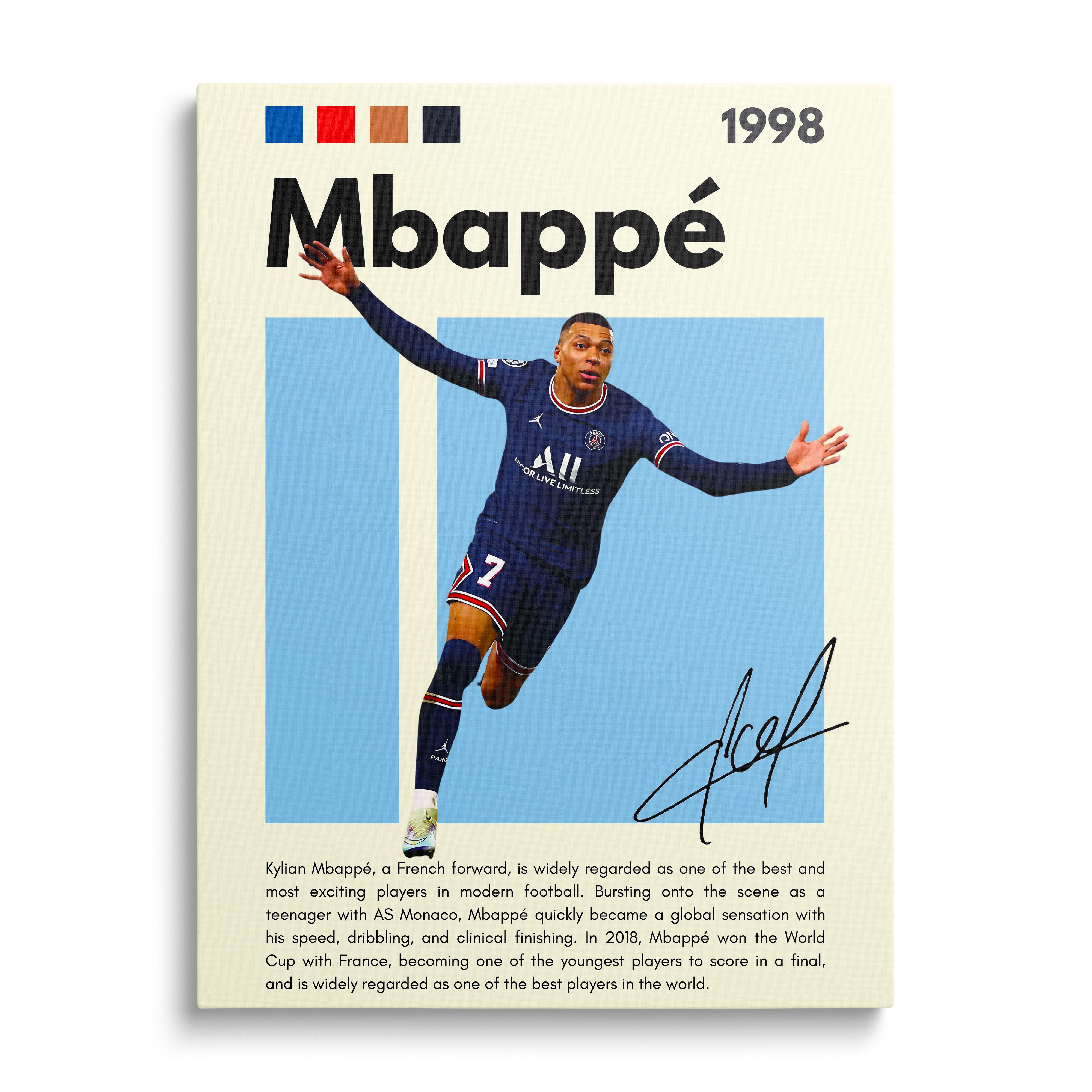 Pop art obraz na zeď s Kylianem Mbappém v běhu, dynamická sportovní energie, motivační dekorace