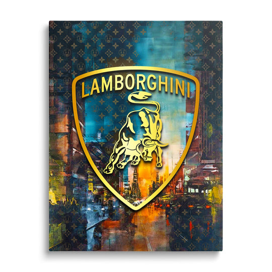 Motivační obraz na plátně s logem Lamborghini a městskou ulicí v pop art komiks stylu