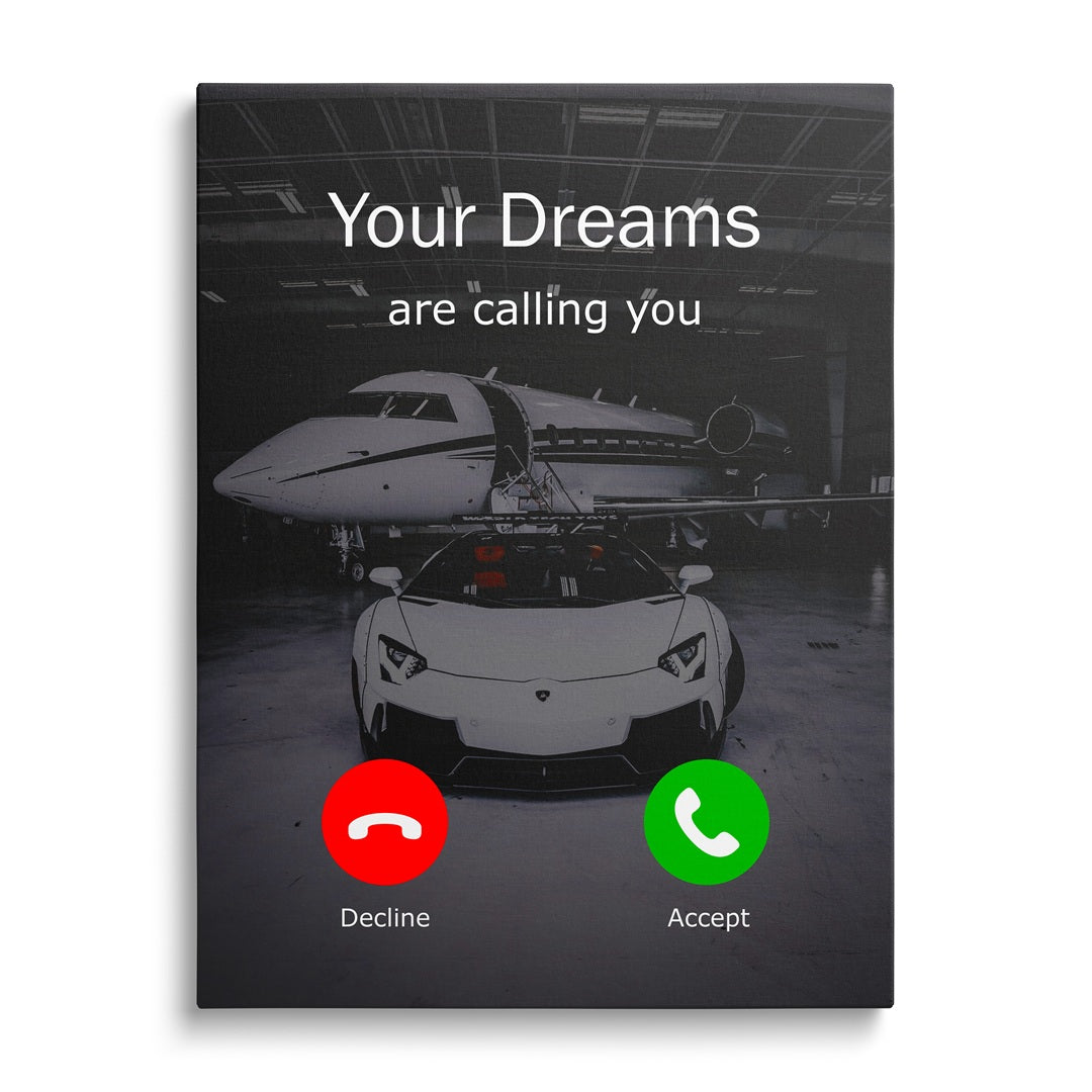 Luxusní motivační obraz na plátně s bílým Lamborghini a soukromým tryskáčem v hangáru z předního pohledu