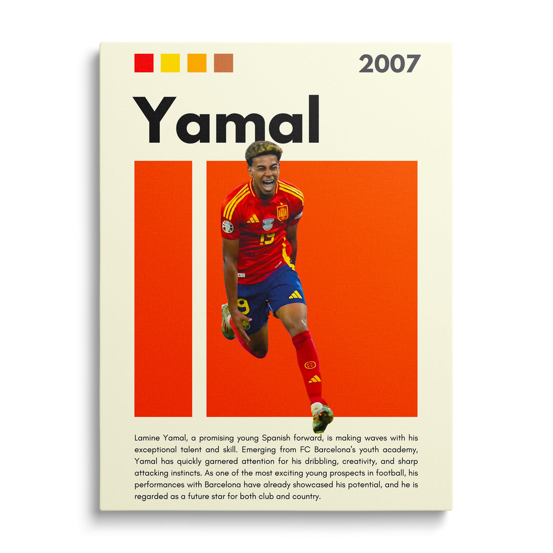 Motivační obraz na zeď s fotbalistou ve španělském dresu na výrazném oranžovém pozadí