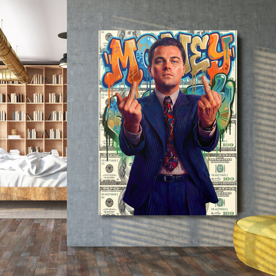 Barevný obraz Leonardo DiCaprio s graffiti MONEY a bankovkami v moderní ložnici