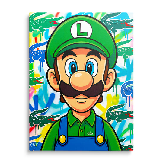 Motivační pop art obraz na plátně s mužem v zelené kšiltovce a graffiti krokodýly z čelního pohledu