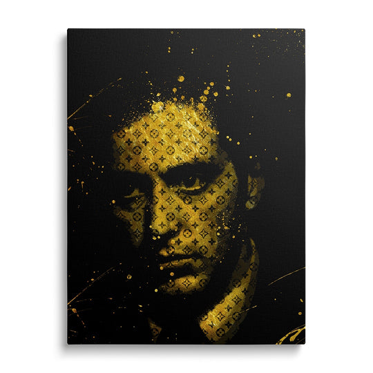 Motivační pop art obraz na plátně s černo‑zlatým portrétem a luxusními monogramy, obraz zepředu