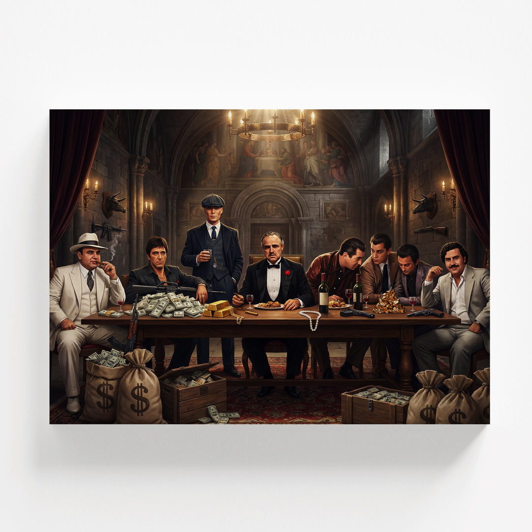 Pop art motivační obraz s filmovými gangstery u stolu pokrytém dolarovými bankovkami a zlatem