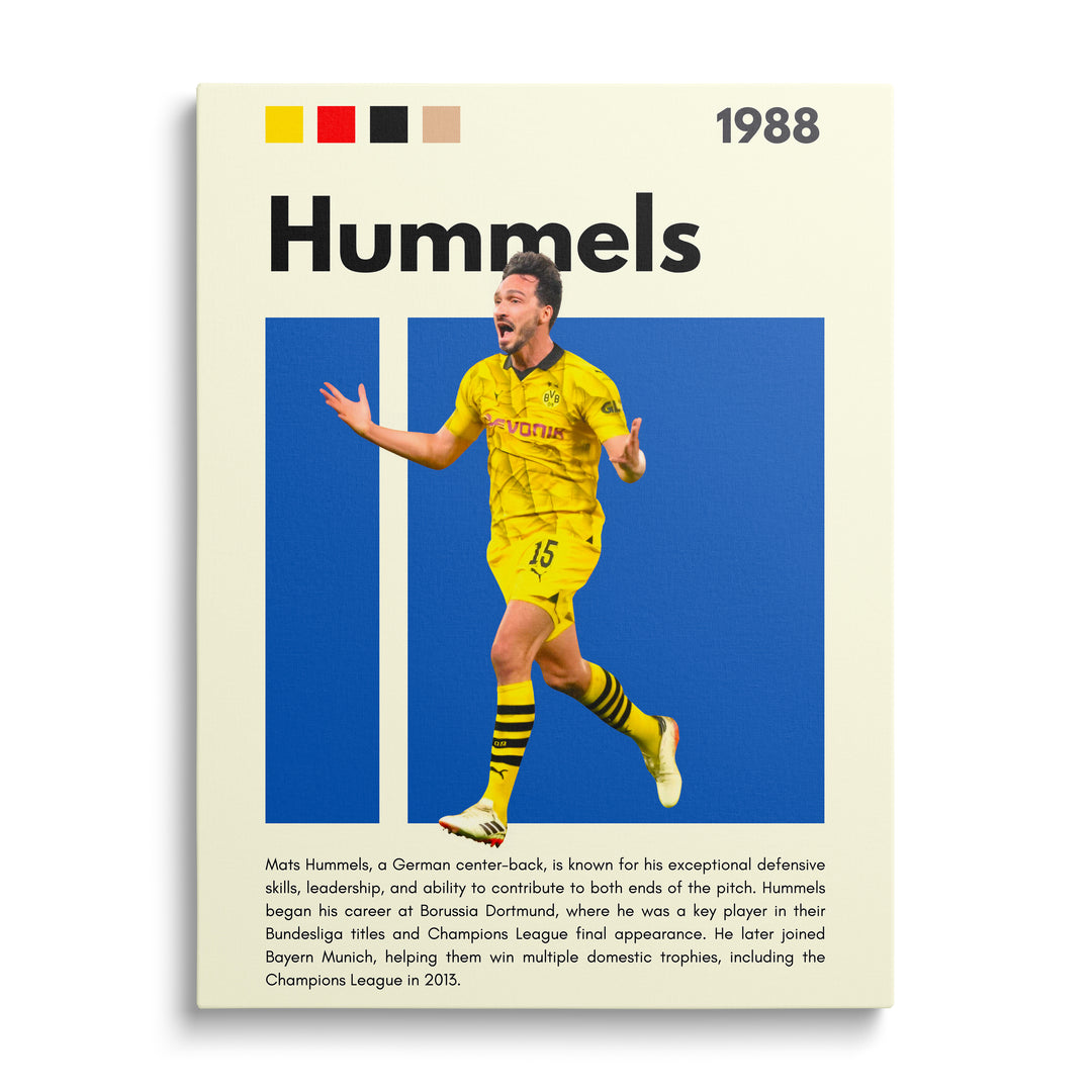 Motivační obraz na plátně s fotbalistou ve výskoku, žlutý dres s modrými pruhy, dynamický sportovní moment