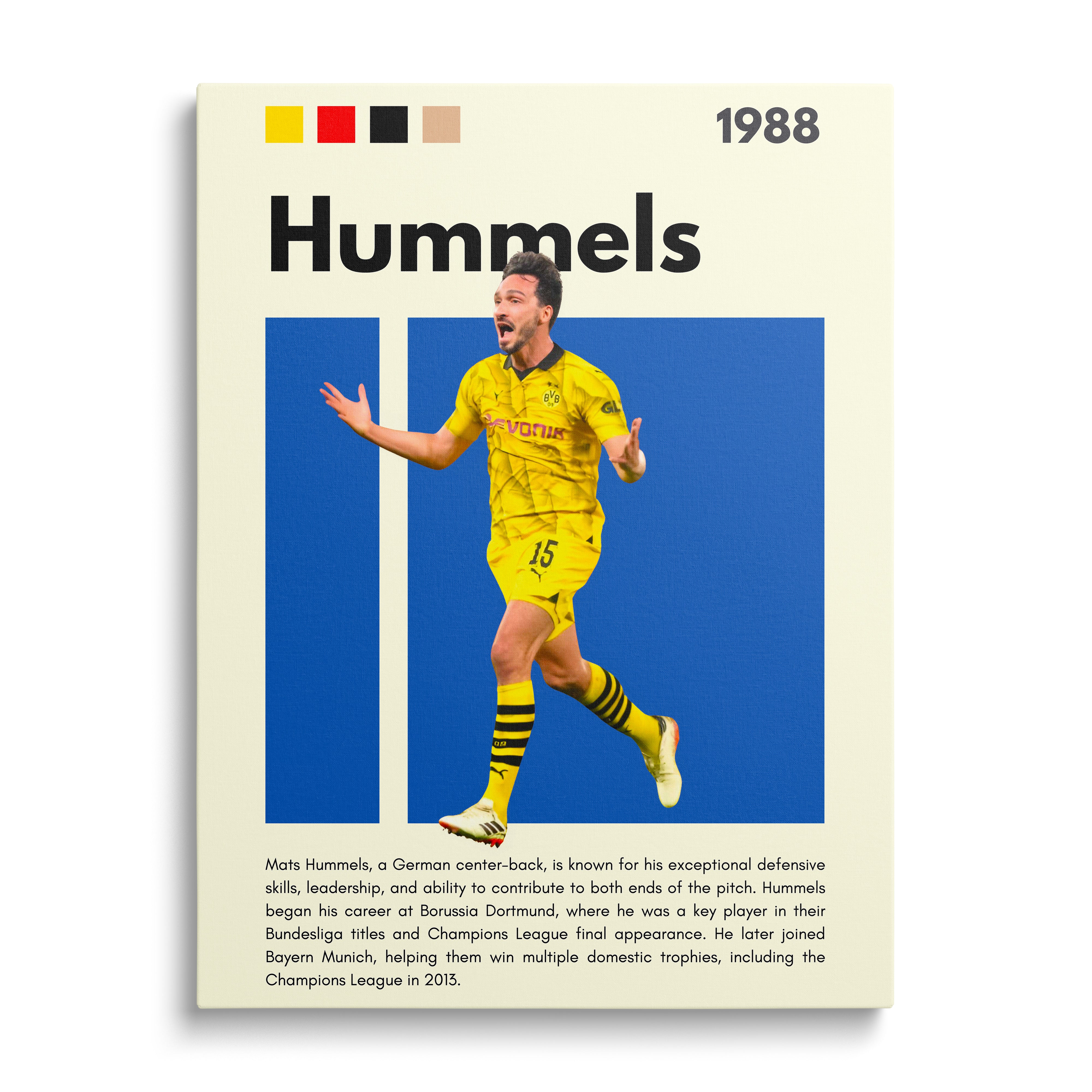 Motivační obraz na plátně s fotbalistou ve výskoku, žlutý dres s modrými pruhy, dynamický sportovní moment