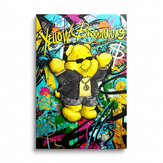 Pop art obraz na plátně s graffiti medvídkem, řetězem a dolarovým symbolem ve street art motivu