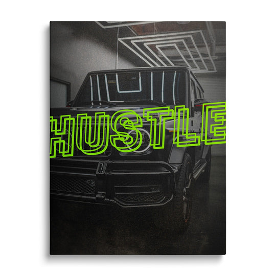 Černobílý motivační obraz na plátně Mercedes G a nápisem 'Hustle'