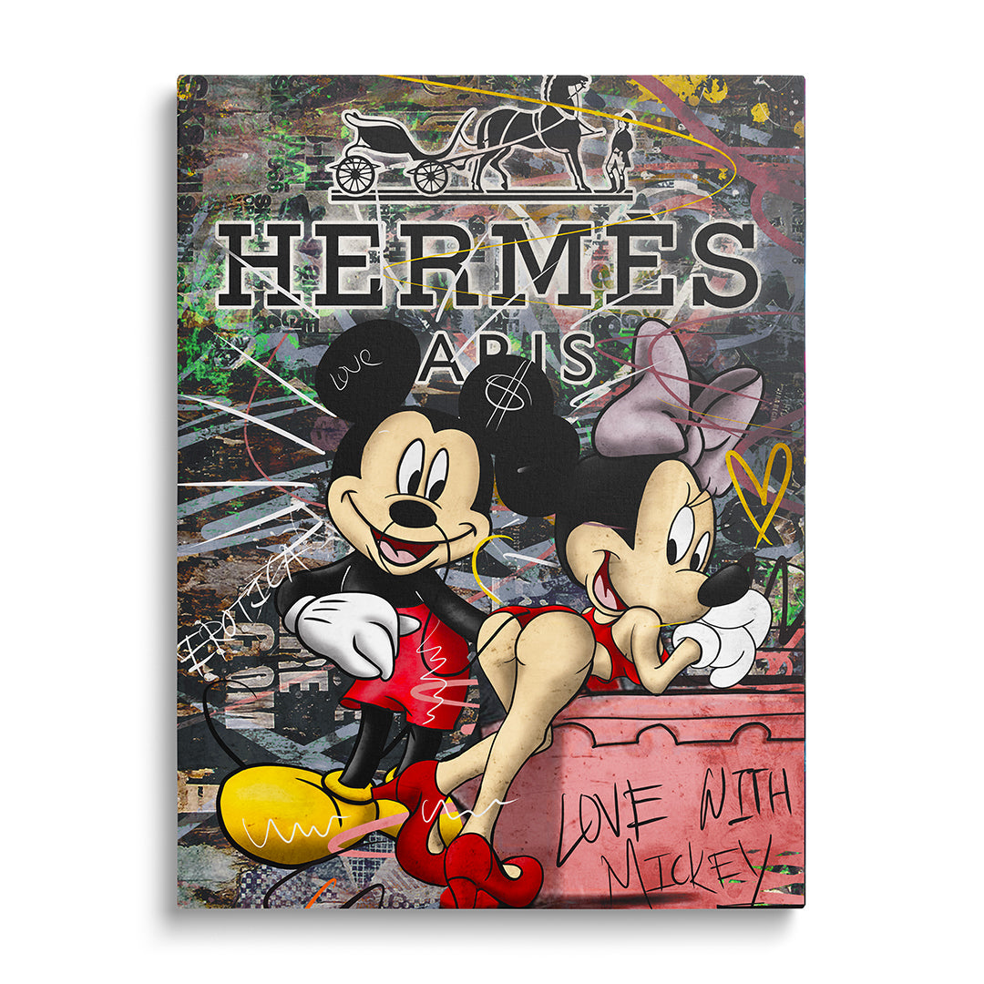 Pop art obraz na plátně s Mickey Mousem, Minnie a logem Hermès Paris v graffiti street art stylu