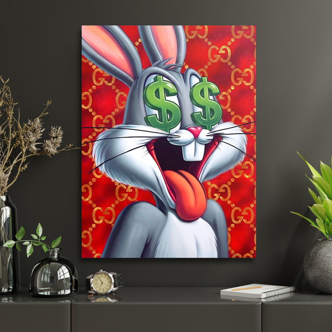 Motivační pop art obraz na plátně: králík s dolarovýma očima na luxusním street art pozadí v pracovně