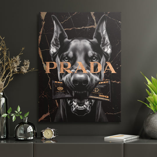 Luxusní obraz na plátně Lifestyle s černým psem držícím bankovku a zlatým nápisem money mindset
