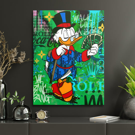 Pop art obraz kačera Skrblíka s bankovkami, motivační obraz na zeď do moderní kanceláře