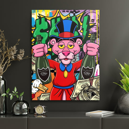 Pop art obraz na plátně růžový panter v klobouku se šampaňským a motivem bankovek, moderní lifestyle motiv