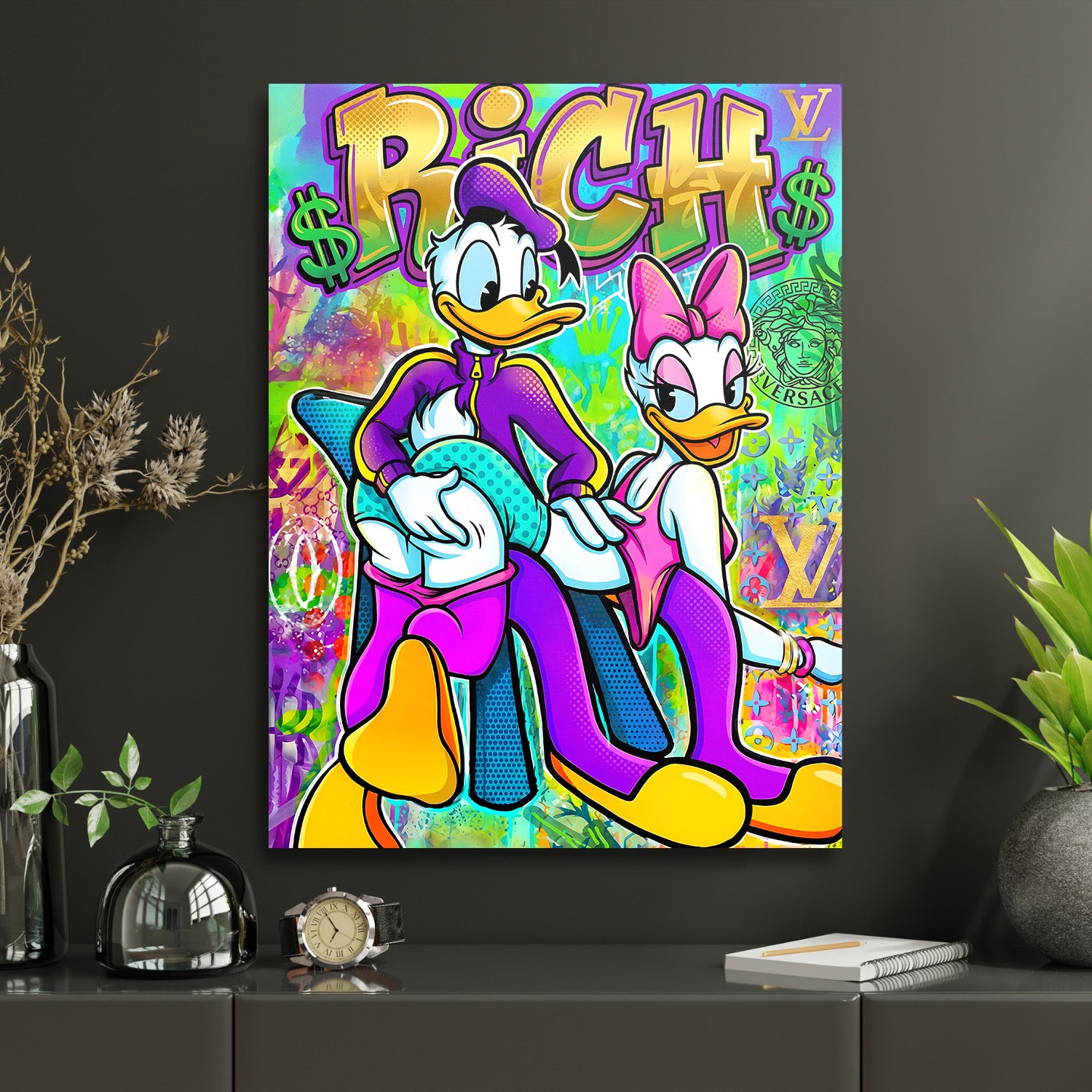 Pop art obraz na zeď s kreslenými kachnami a dolarovými znaky v komiksovém street art stylu