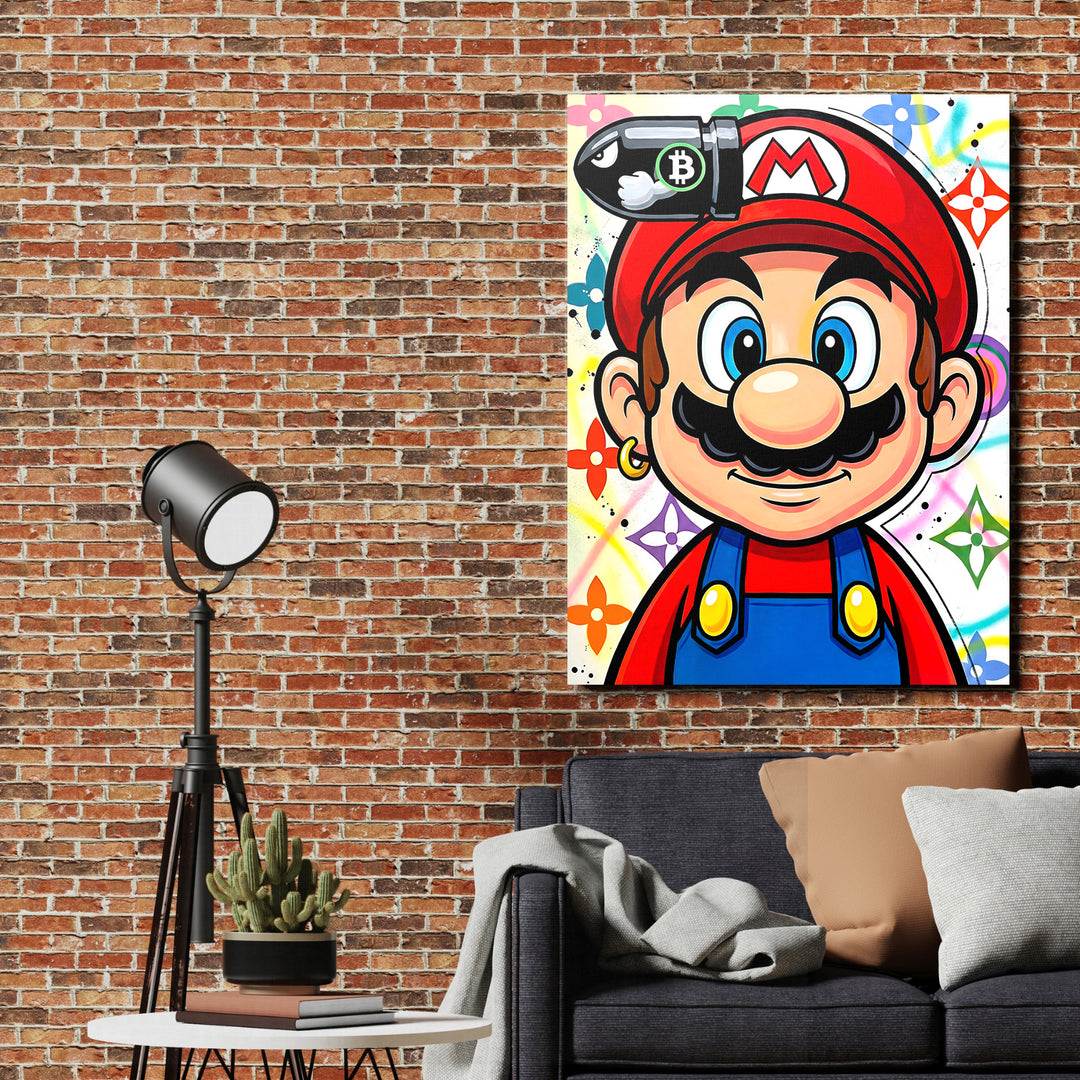 Pop art obraz na plátně s graffiti Mariem a motivem Bitcoinu v moderním obývacím pokoji