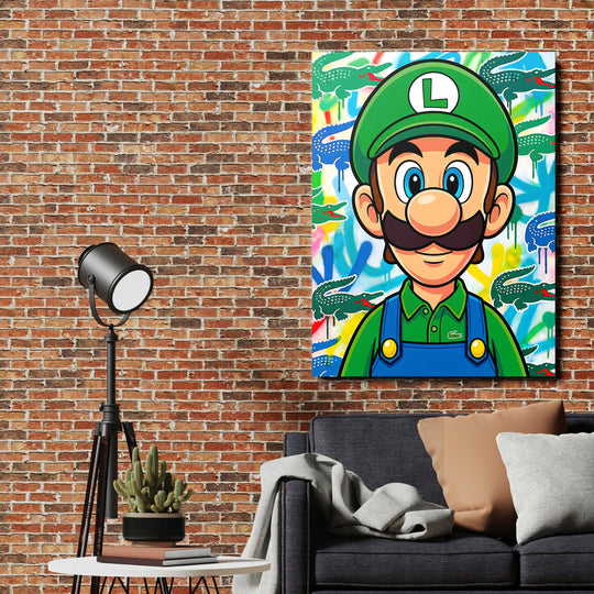 Pop art obraz na zeď do obýváku s postavou v zelené kšiltovce a graffiti krokodýly