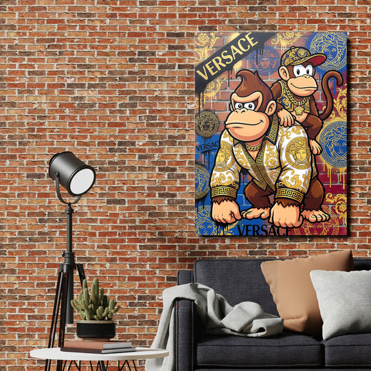 Luxusní pop art obraz na zeď s motivačními opicemi ve street art stylu a zlatými detaily v obývacím pokoji