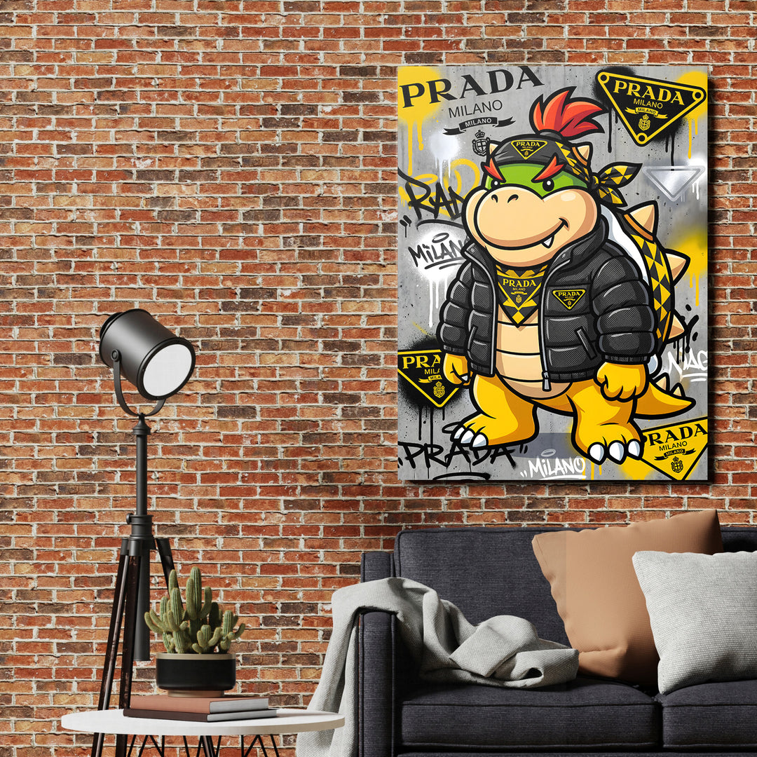 Pop art obraz na zeď s graffiti dinosaurem ve stylu Prada, moderní lifestyle dekorace v domácím interiéru