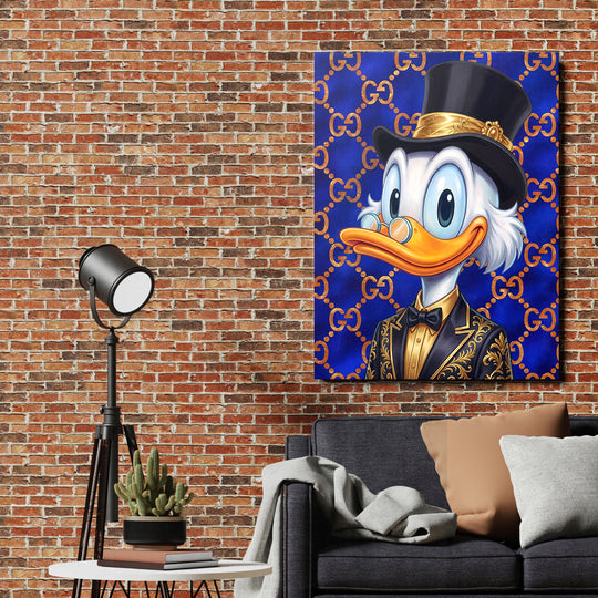 Motivační pop art obraz na plátně s kachnou v cylindru a zlatým vzorem nad moderní sedačkou
