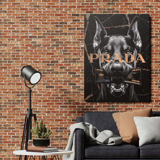 Pop art obraz psa s motivem peněz a nápisem PRADA jako motivační obraz do industriálního obýváku