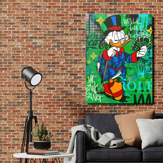 Motivační pop art obraz na plátně s kachním magnátem a dolarovými bankovkami na cihlové zdi