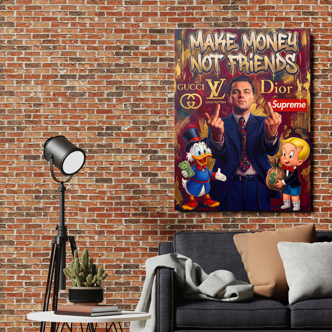 Motivační obraz na plátně Make Money Not Friends v graffiti pop art stylu s logy Gucci, LV a Kačerem Skrblíkem