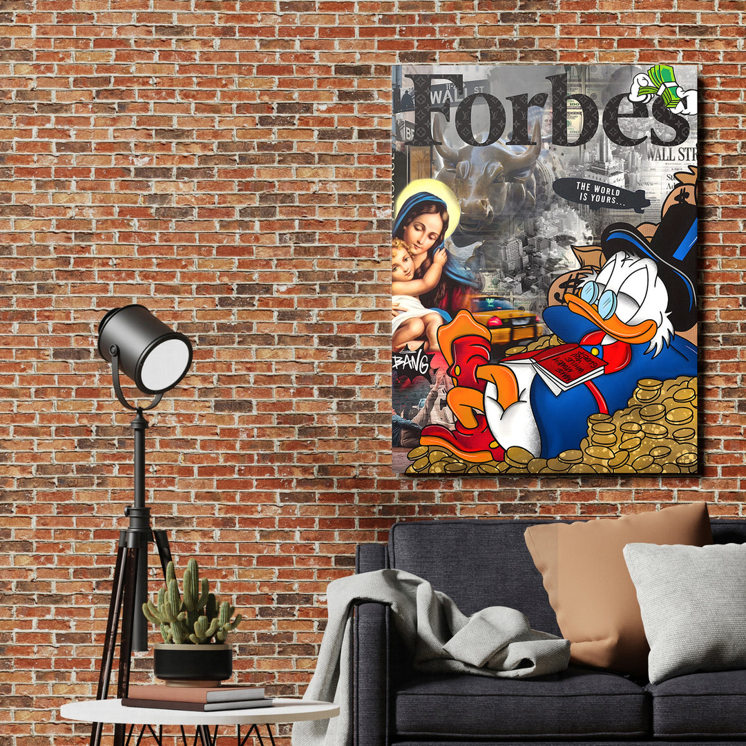 Pop art obraz na plátně v industriálním obýváku s kačerem, býkem Wall Street, madonou a motivem peněz